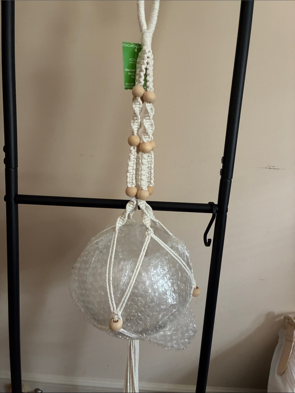 Michaels Cream Macrame Hanging Planter with Natural Wood Beads